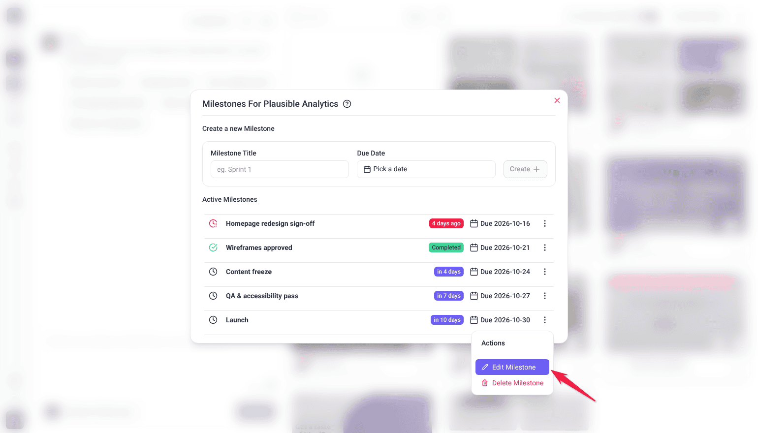 Actions menu open from More actions on the Launch stage, with the red arrow pointing at Edit Milestone above Delete Milestone.