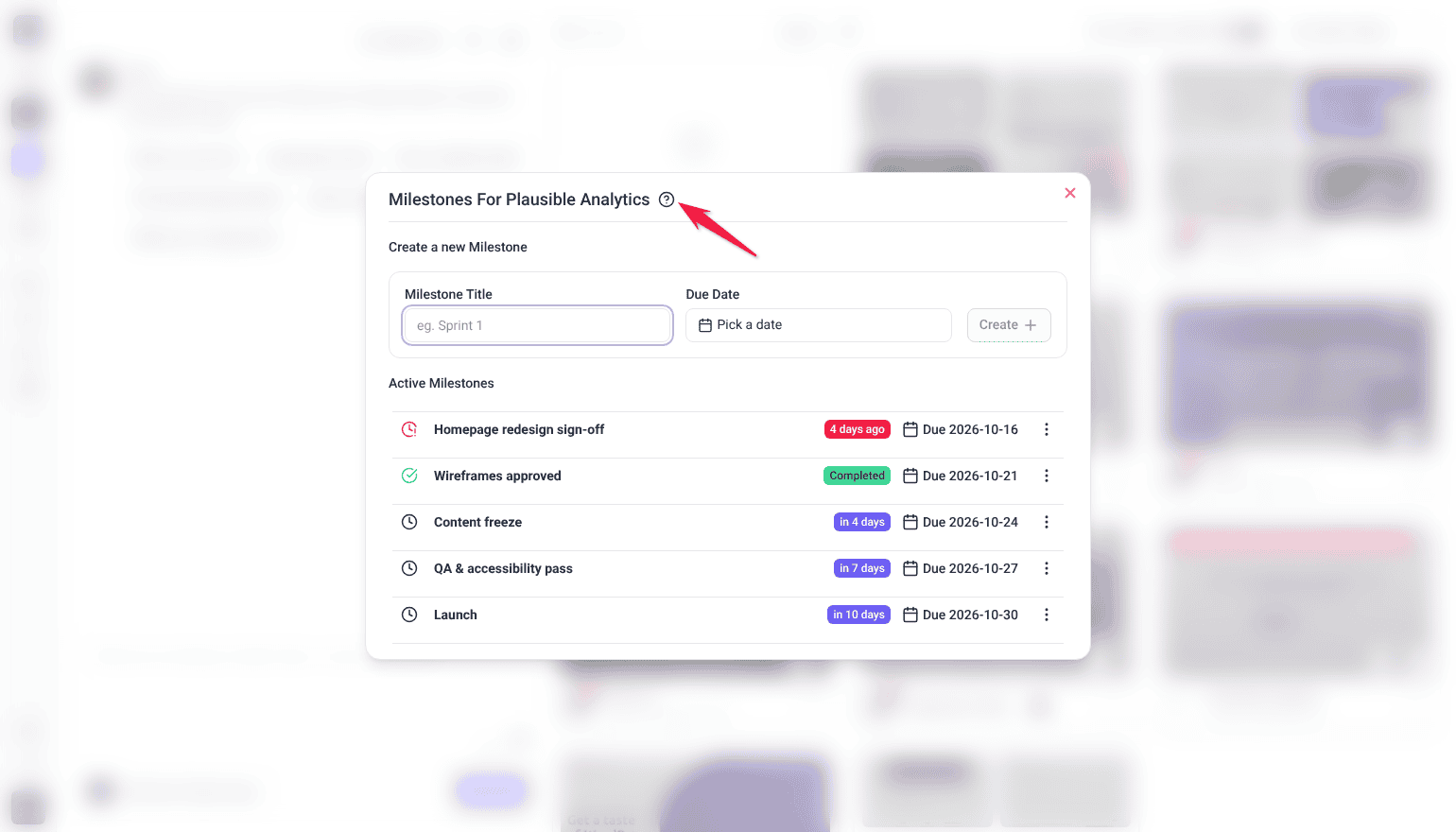 Milestones For Plausible Analytics panel with the Create a new Milestone form and the Active Milestones list, and the red arrow pointing at the help icon beside the title.