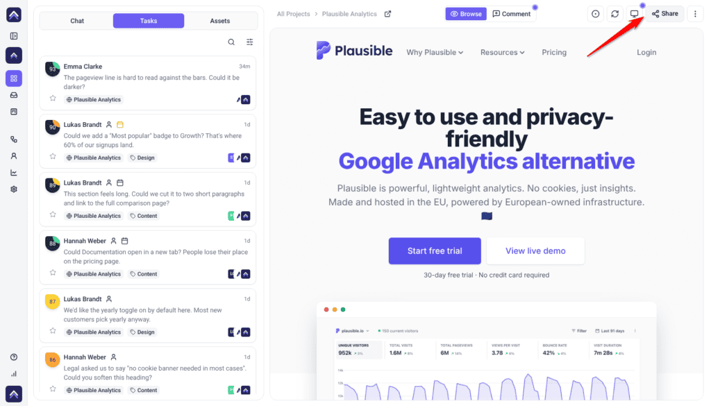 Plausible Analytics open in Collaborate, with the arrow pointing at the Share button in the top toolbar
