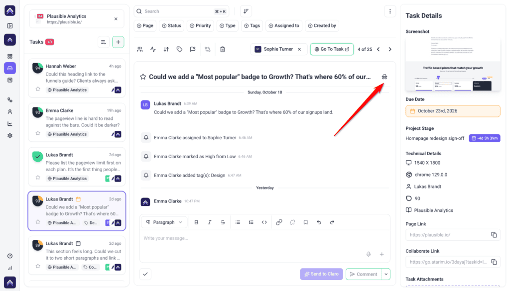 Inbox task from Lukas Brandt; the arrow points at the Hide this task from guests & clients button at the end of the title