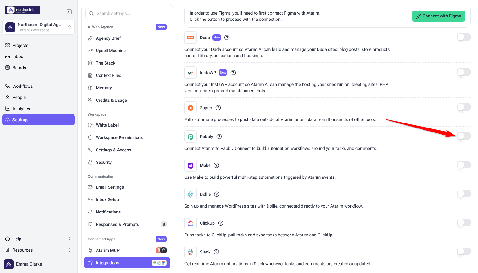 Integration Settings list with Zapier, Pabbly and Make switched off, arrow on the Pabbly switch