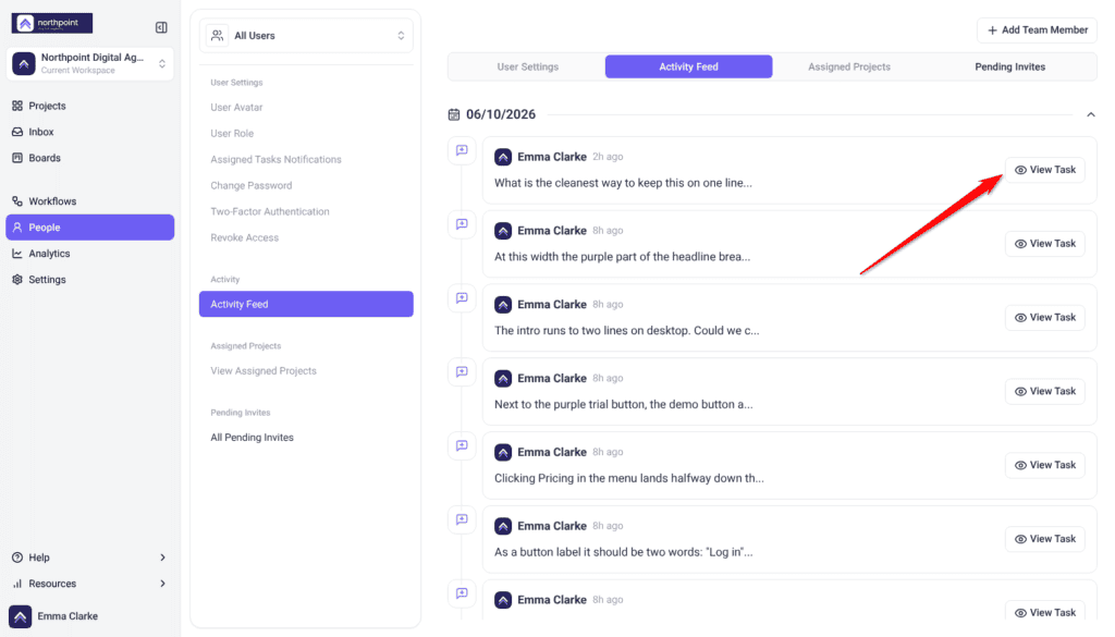 People screen on the Activity Feed tab, each entry with a View Task button