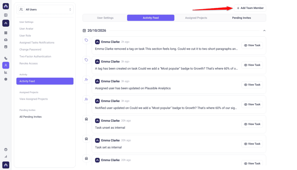 People screen with All Users and the Activity Feed tab, arrow pointing at the Add Team Member button