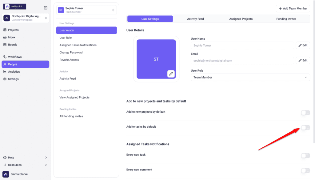 Sophie Turner's profile under People, both Add to new projects and tasks by default switches off; arrow on Add to tasks by default