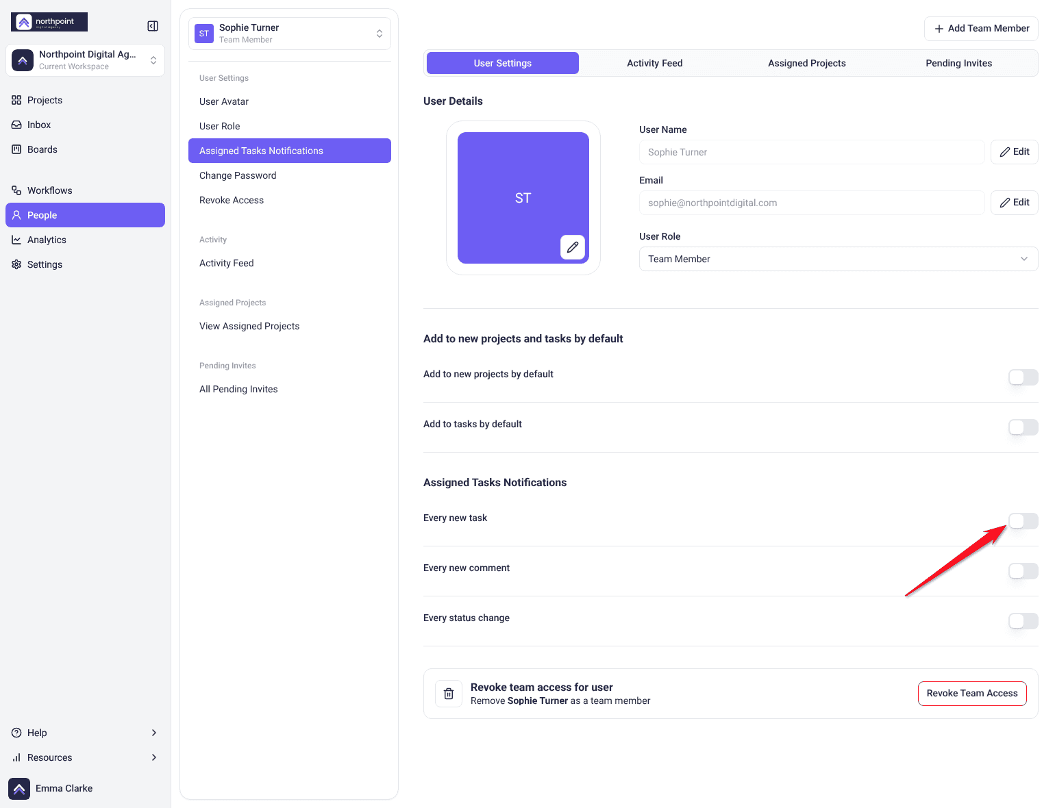 People, User Settings for a team member, with the three Assigned Tasks Notifications switches