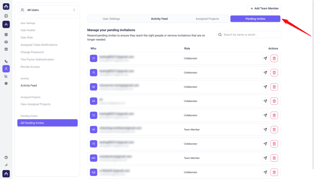 Pending Invites tab with Who, Role and Actions columns, invitee emails blurred, arrow pointing at the tab