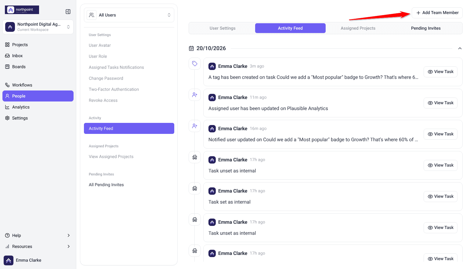 People screen on the Activity Feed tab, with the red arrow pointing at the Add Team Member button in the top right.