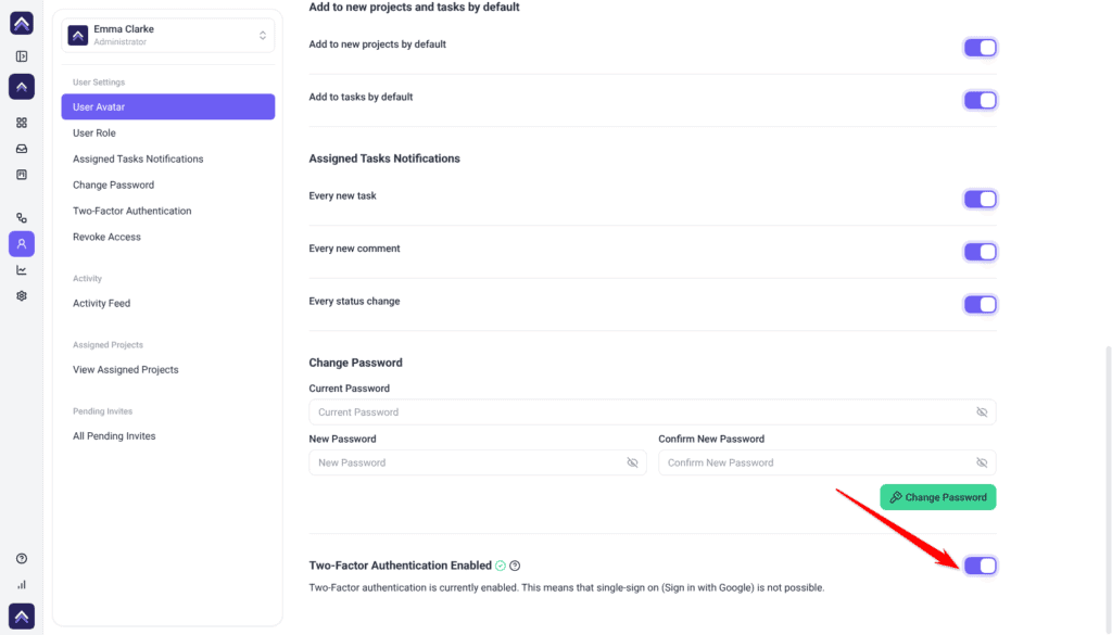Emma Clarke's profile scrolled to Two-Factor Authentication Enabled, with a green tick beside the heading and the switch on