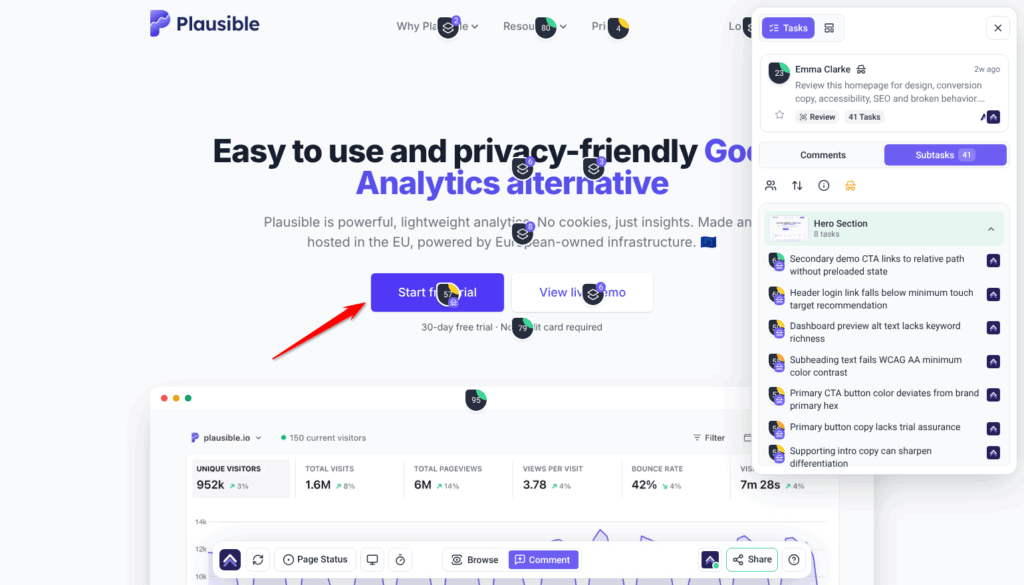 Pixel's brand color fix previewed on the Start free trial button with Show me, with the review's findings listed on the right
