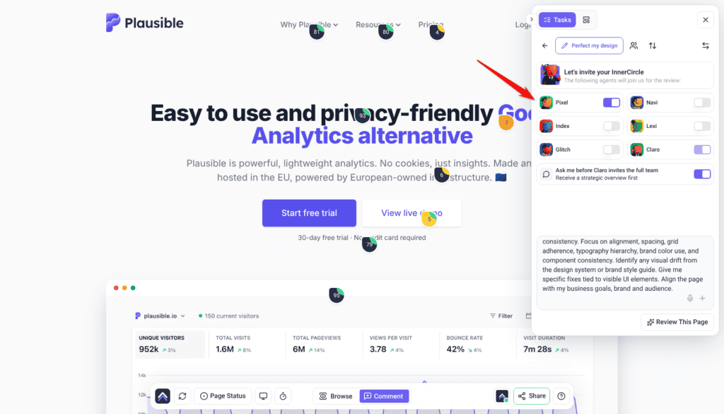 Review panel after choosing Perfect my design, with Pixel switched on in the agent picker and the description filled in