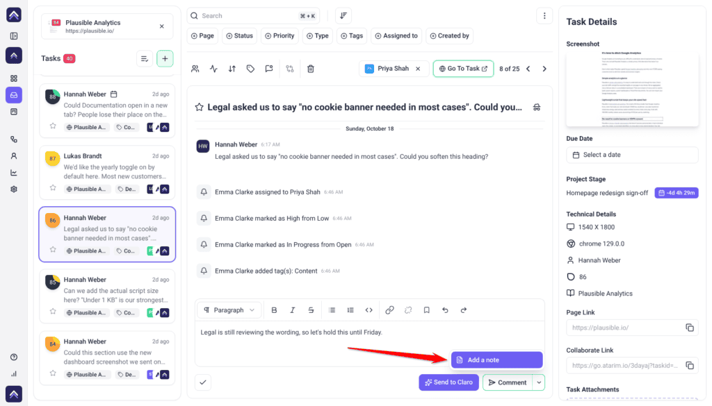 Internal remark typed in an Inbox task's message box with the Comment menu open, the arrow pointing at Add a note