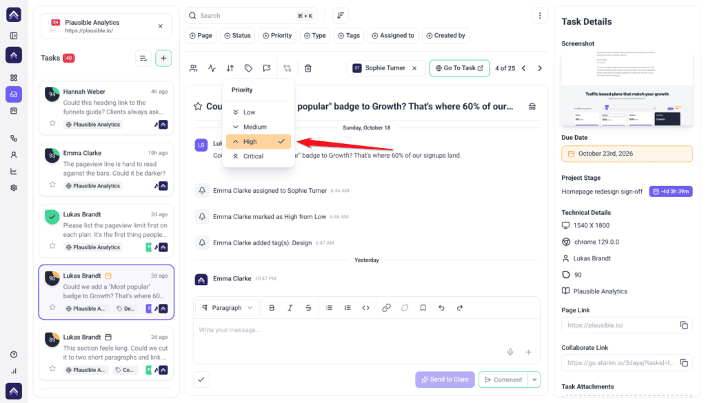 Inbox task from Lukas Brandt with the Priority menu open on Low, Medium, High and Critical, the arrow pointing at High