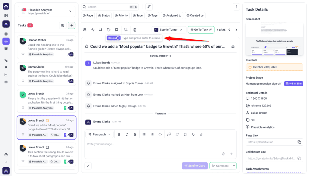Inbox task with the tags box open, showing the Design tag and Type and press enter to create, the arrow on the box