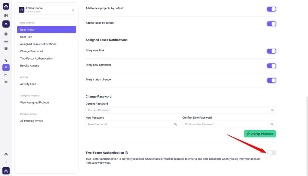 Emma Clarke's User Settings under People, scrolled to Two-Factor Authentication; the arrow points at its toggle