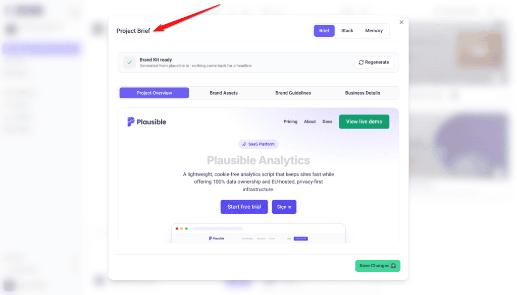 Project Brief panel for Plausible Analytics with Brand Kit ready and the Project Overview tab, the red arrow pointing at the Project Brief heading.