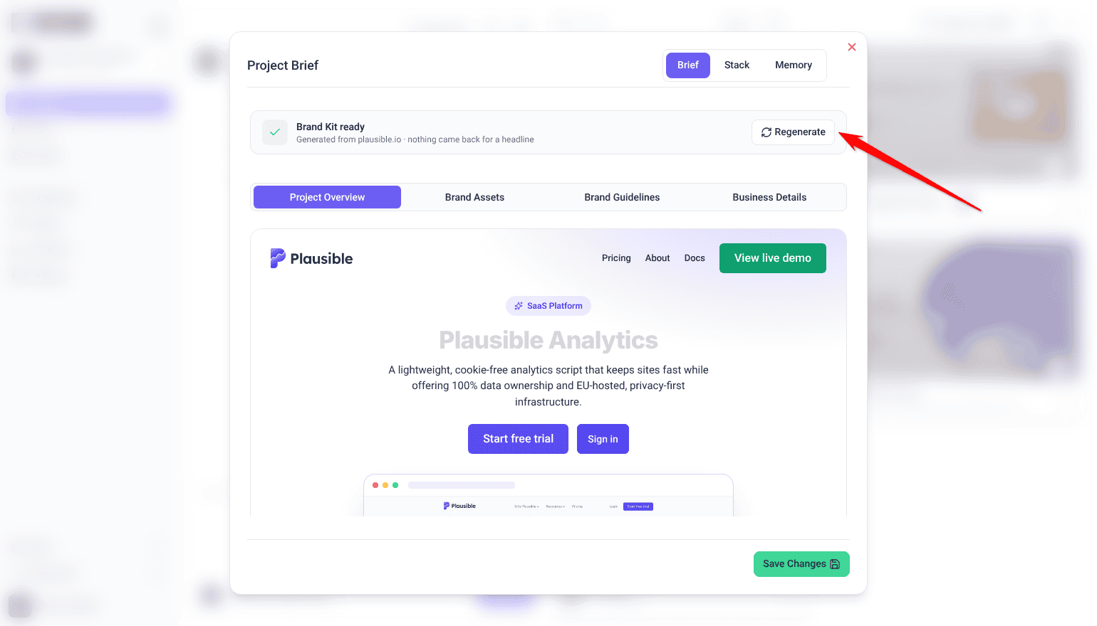 Project Brief panel showing Brand Kit ready, generated from plausible.io, with the red arrow pointing at the Regenerate button.