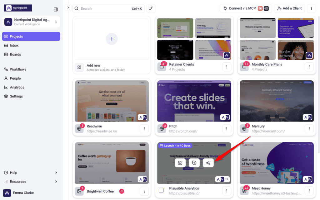 Plausible Analytics project card on the Projects screen with its Share button shown on hover