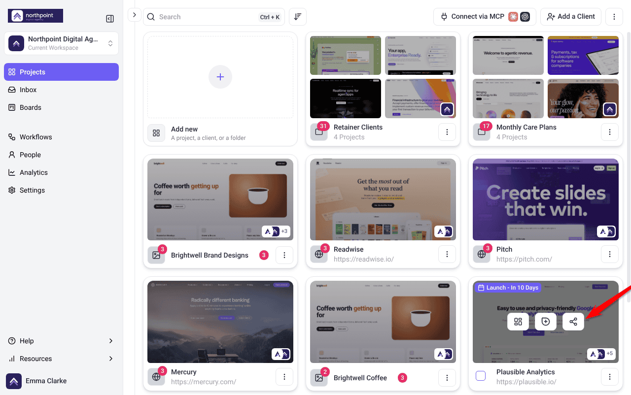 Plausible Analytics project card with the Manage, Open and Share buttons showing on hover