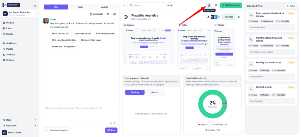 The Project brief control in the project dashboard header