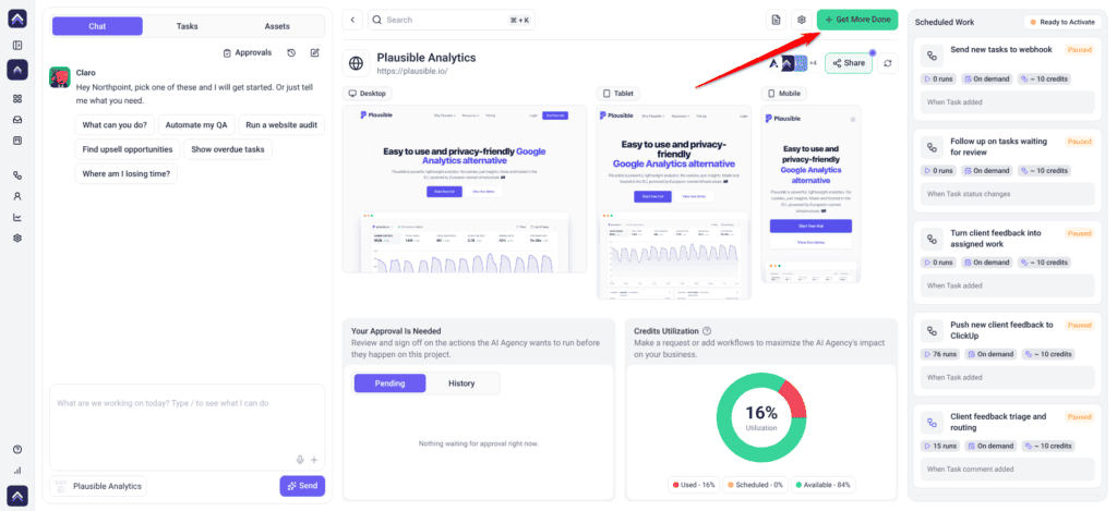 Plausible Analytics project dashboard; the arrow points at the Get More Done button in the top bar
