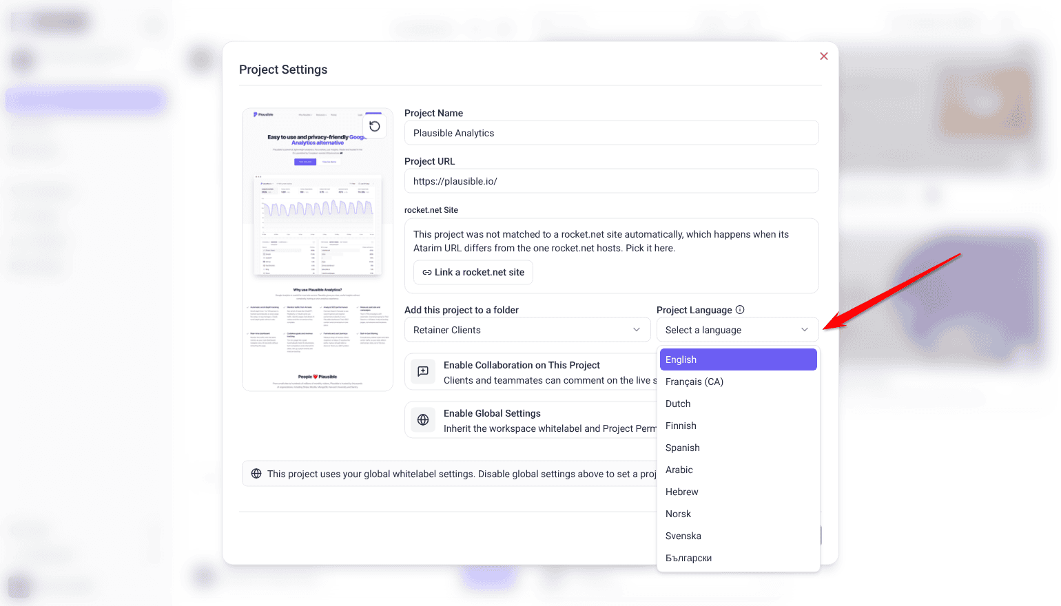 Project Language dropdown open in Project Settings, listing English, Français (CA), Dutch, Finnish and more, with the red arrow pointing at it.