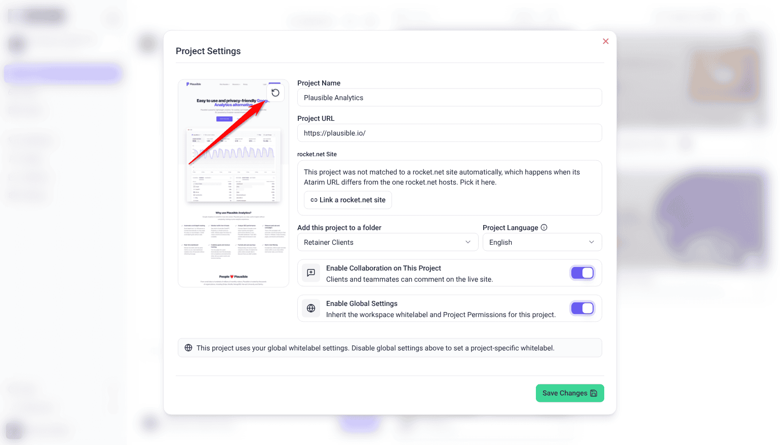 Project Settings for Plausible Analytics, with the red arrow pointing at the sync control on the top right of the project image.