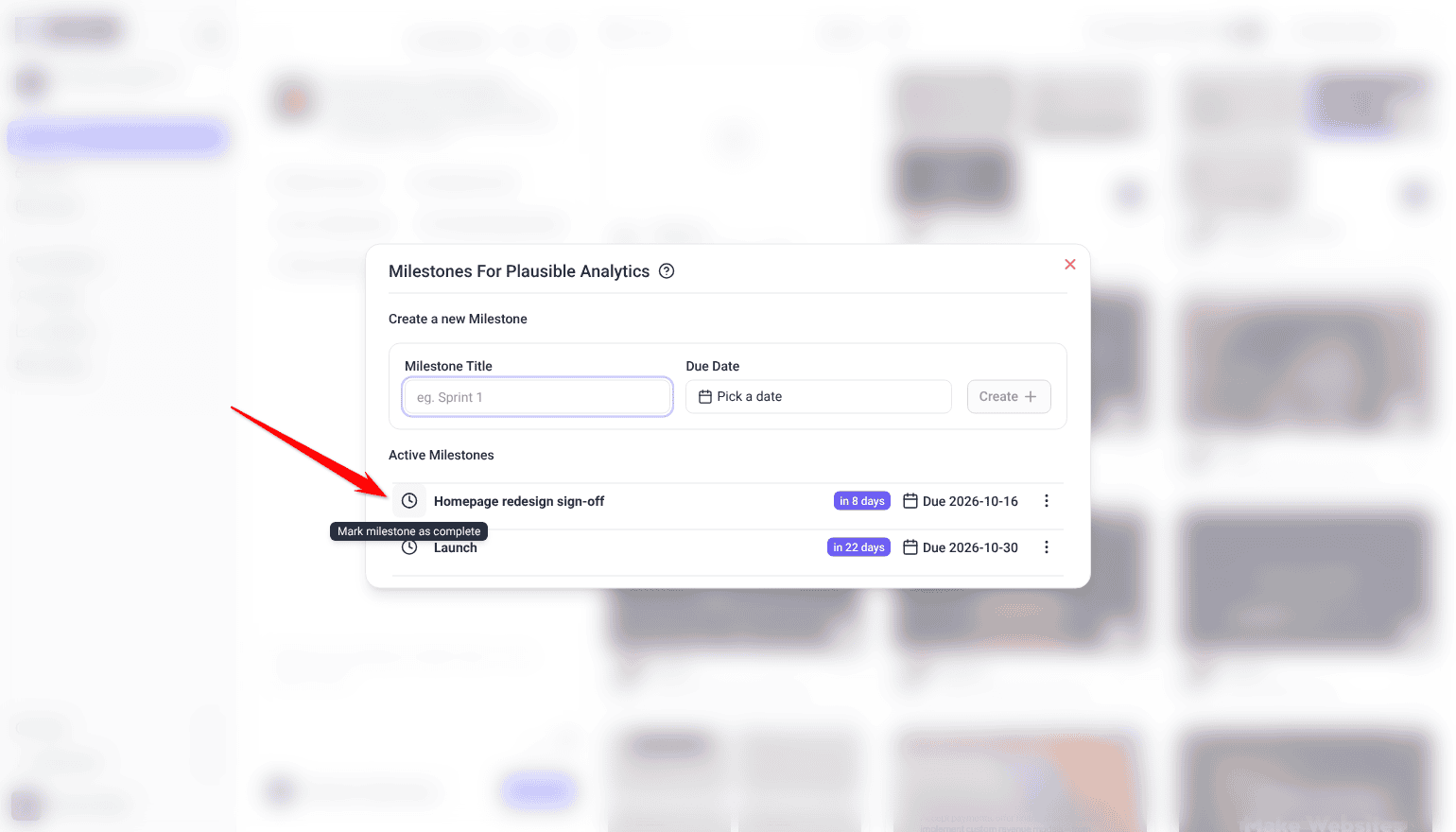 Milestones dialog for a project with two active stages and the Mark milestone as complete icon