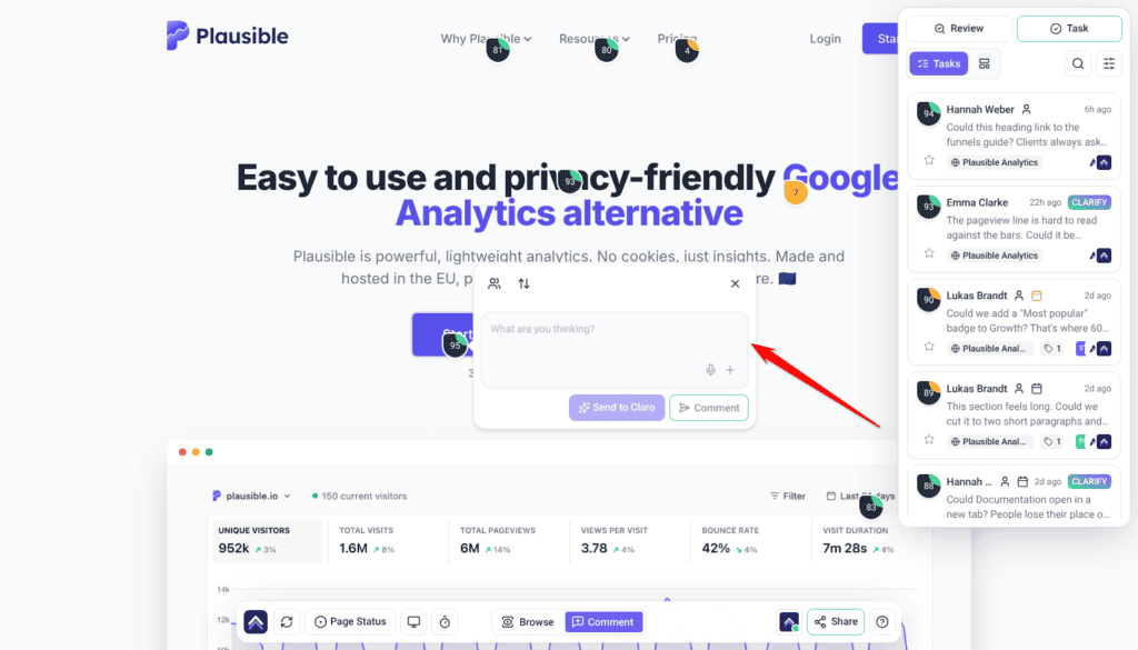 Comment mode with a new marker on Start free trial and the What are you thinking? box open; the arrow points at the box