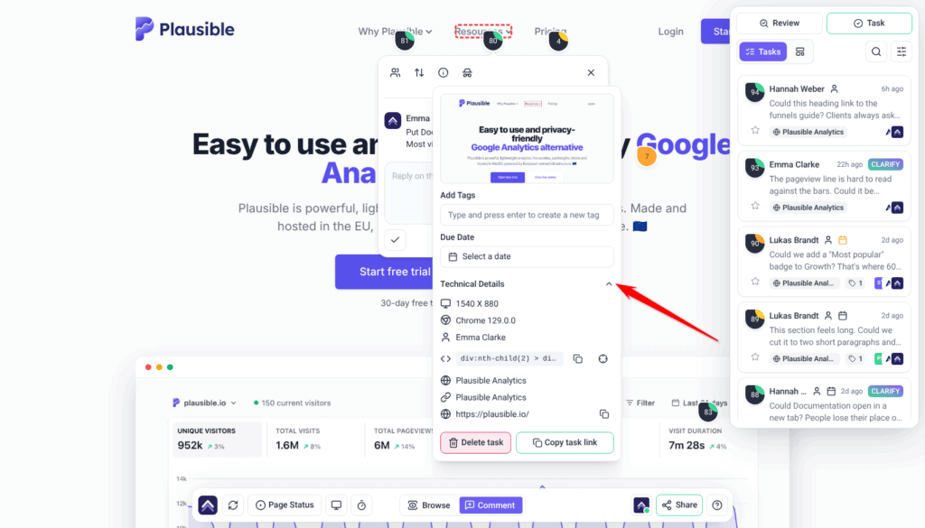 Task panel with Technical Details expanded: screen size, browser, creator and element path; the arrow points at the heading