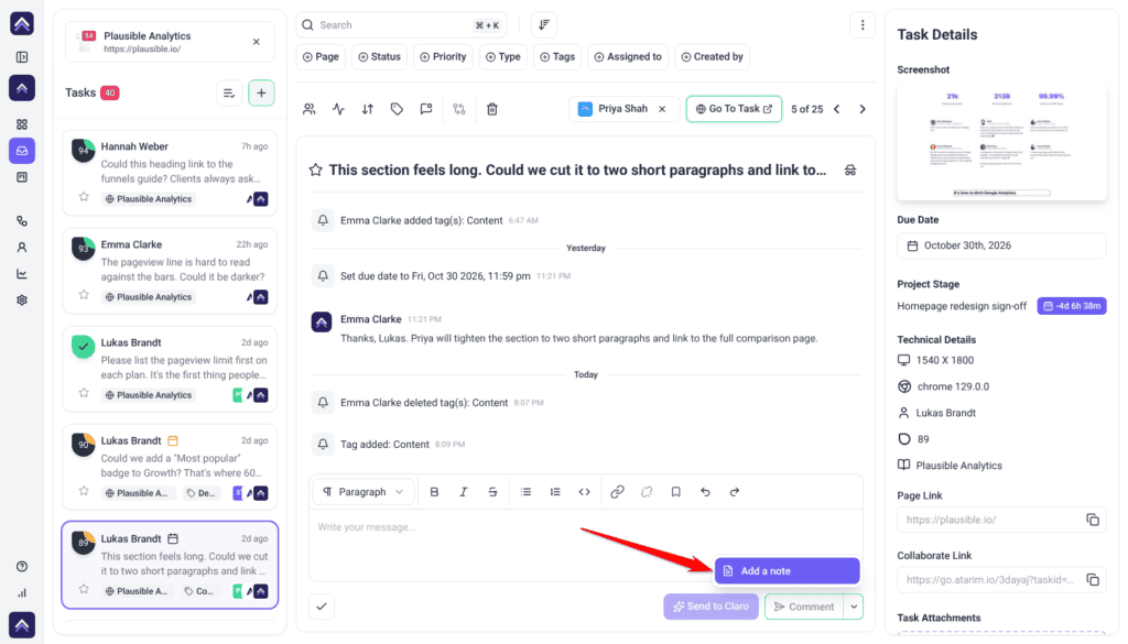 Inbox task from Lukas Brandt with the Comment button menu open; the arrow points at Add a note