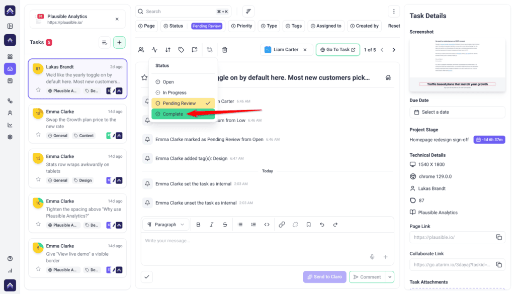 Status menu open on Lukas Brandt's Pending Review task in the Inbox; the arrow points at Complete
