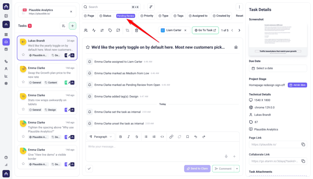 Inbox filtered by Status to Pending Review, listing five tasks with Lukas Brandt's open; the arrow points at the Pending Review filter