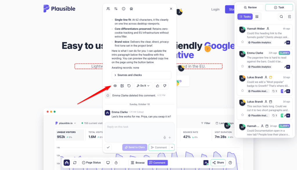 Lexi suggestion previewed on the page with Show me, now showing hide, screenshot and regenerate controls; the arrow points at them