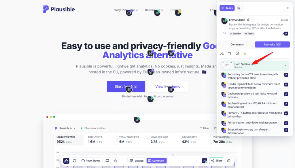 Review task Subtasks tab with 41 findings grouped by page section, starting with Hero Section