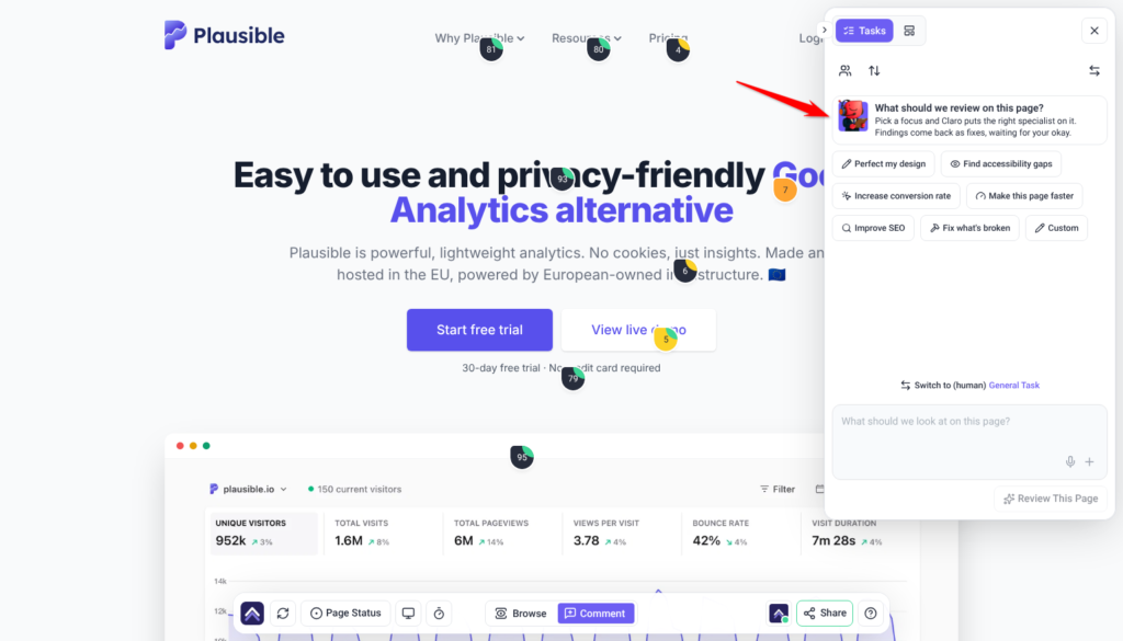 Review panel in Collaborate with Claro's What should we review on this page? card above the review presets