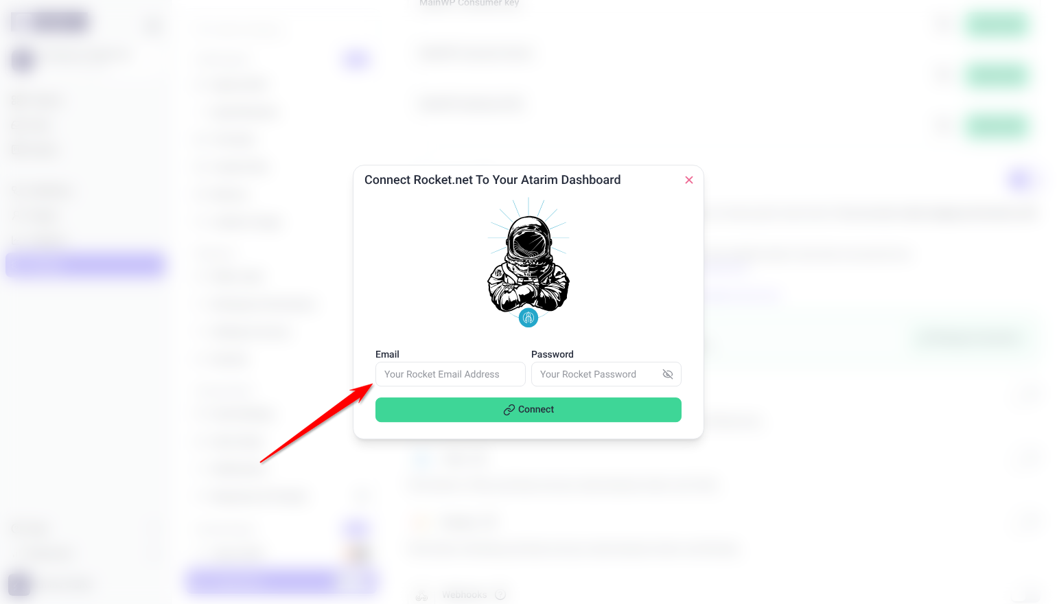 Connect Rocket.net To Your Atarim Dashboard window with Email and Password fields and Connect; the arrow points at Email
