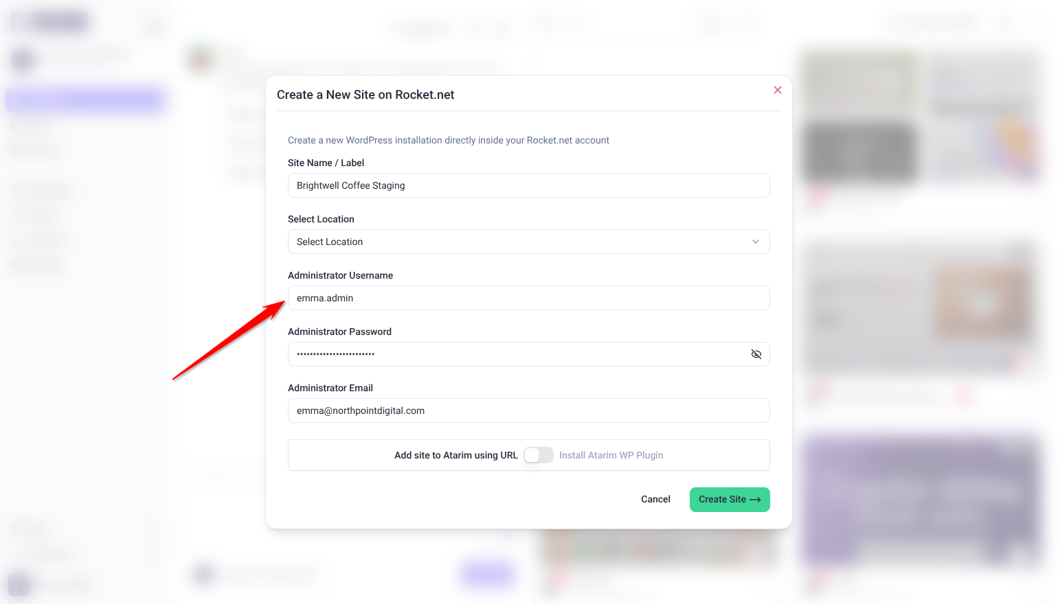 Create a New Site on Rocket.net with Administrator Username, Password and Email filled in; the arrow points at Administrator Username