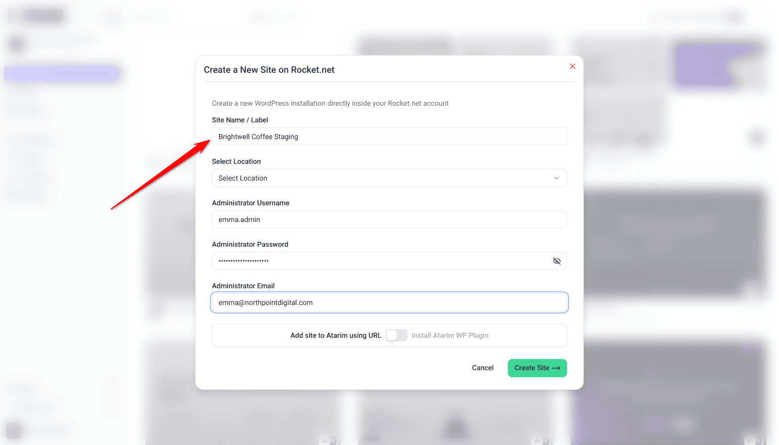 Create a New Site on Rocket.net form with the site name, admin details and email