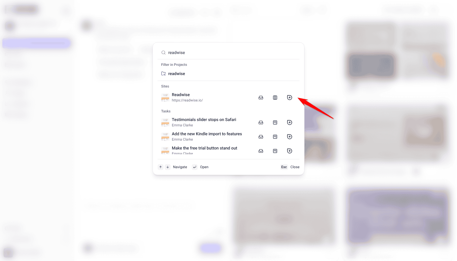 Search dialog for "readwise" showing Filter in Projects, the Readwise site under Sites and matching tasks under Tasks, with the red arrow pointing at the shortcut buttons on the site row.