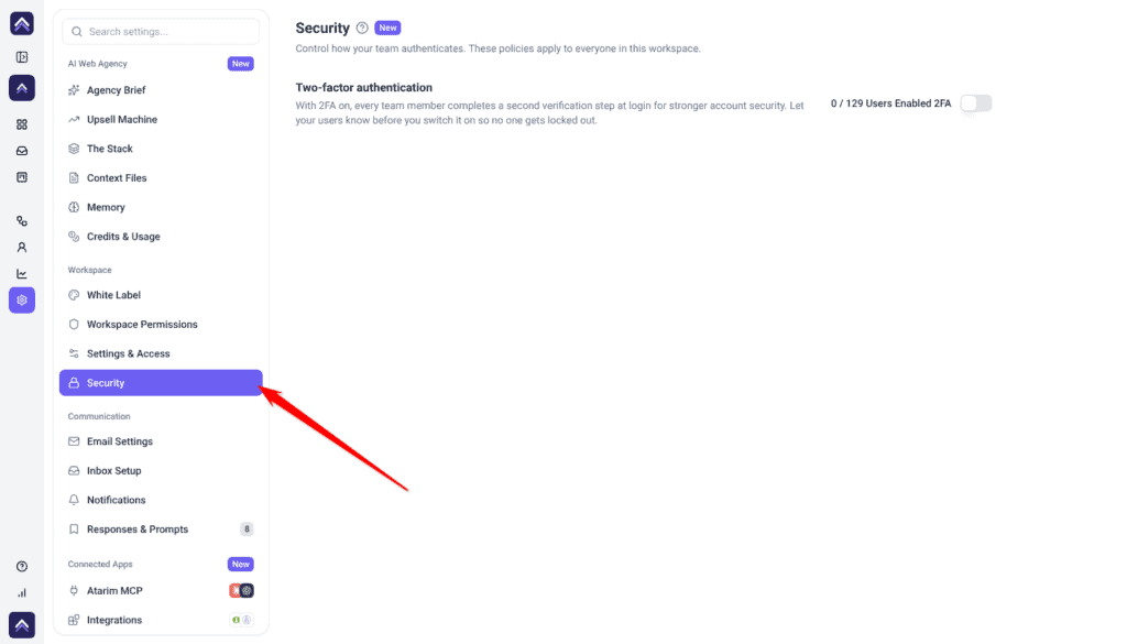 Settings with Security open under Workspace, showing Two-factor authentication; the arrow points at Security