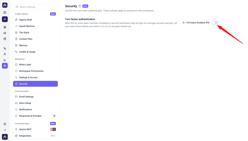 Security panel with Two-factor authentication and 0 / 129 Users Enabled 2FA; the arrow points at the toggle