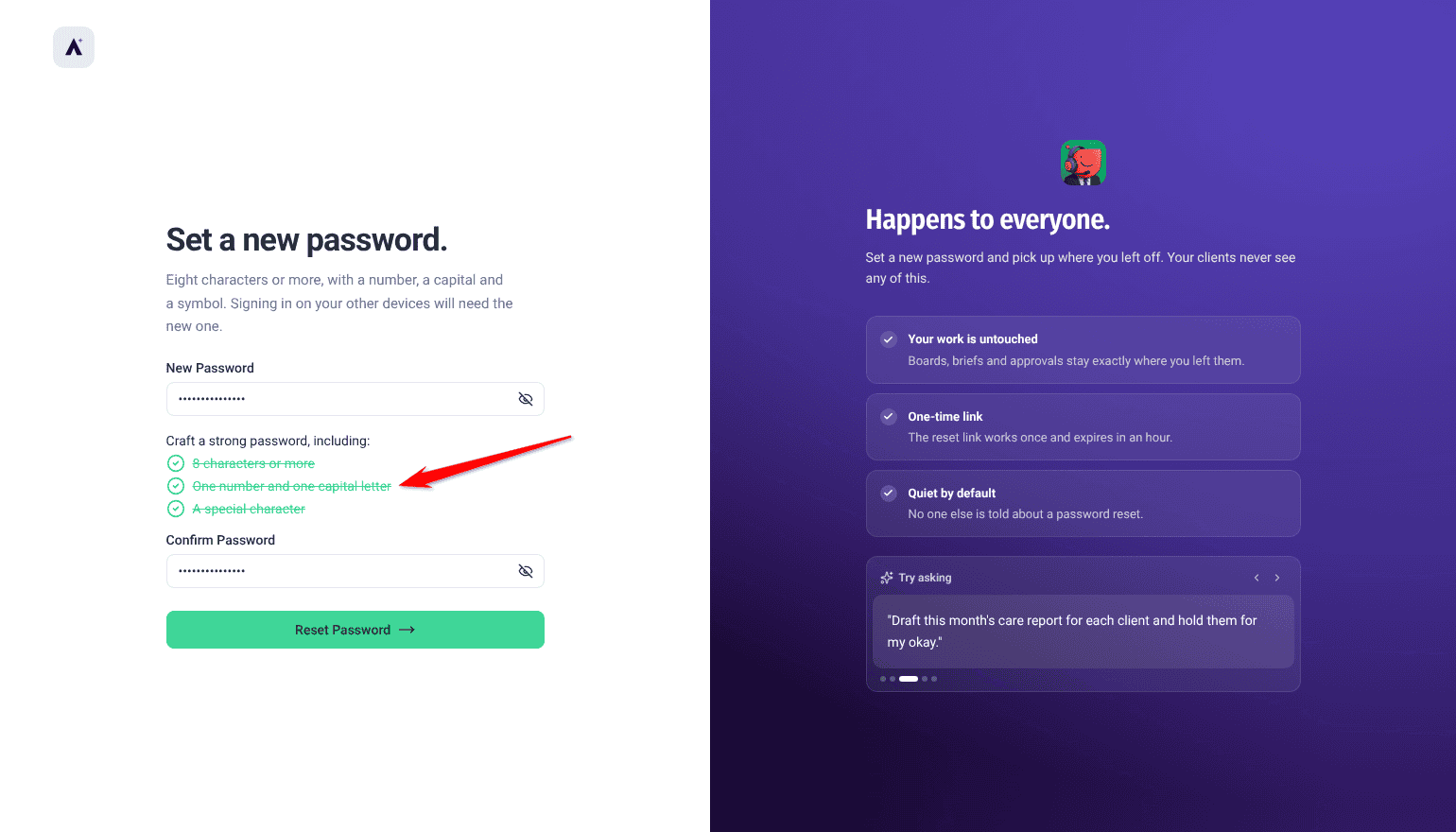 Set a new password. screen with all three password checks met, arrow pointing at One number and one capital letter