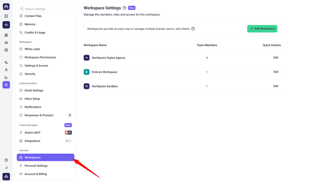 Settings navigation scrolled to the Account group, with the red arrow pointing at Workspaces and the Workspace Settings panel showing Add Workspace and the workspace list.