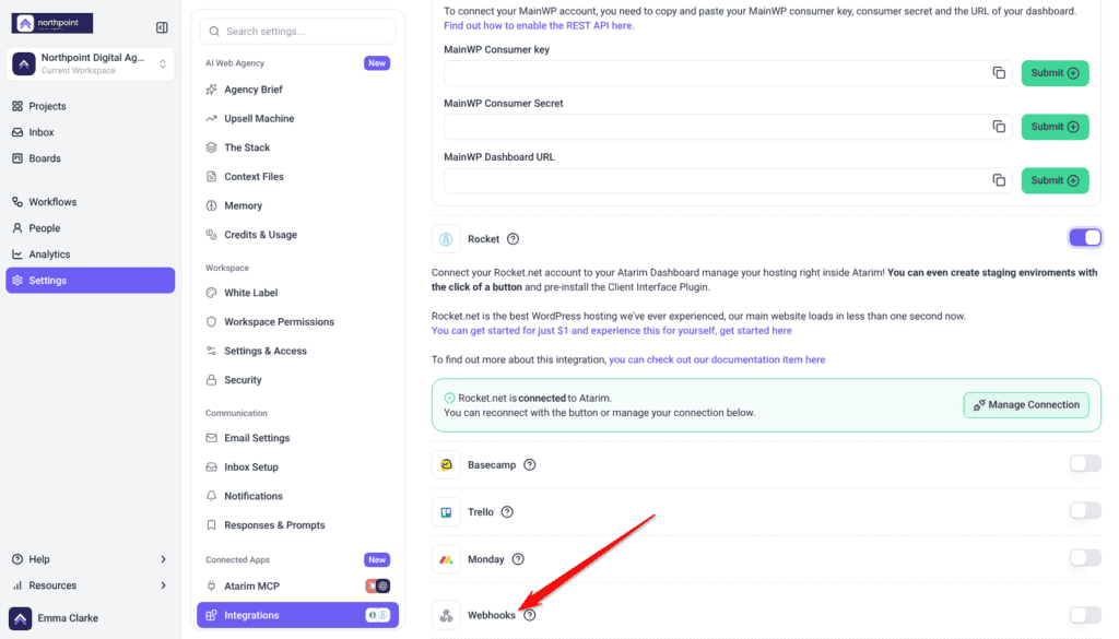 Integrations settings with the Webhooks card and its switch
