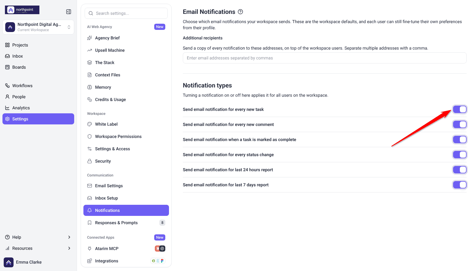 Email Notifications panel in Settings with six Notification types switches; the arrow points at the every new task switch