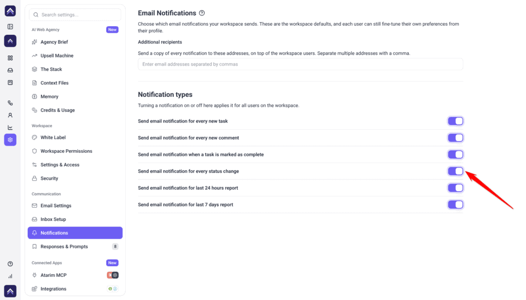 Settings Notifications panel with all six notification switches on, the red arrow pointing at every status change