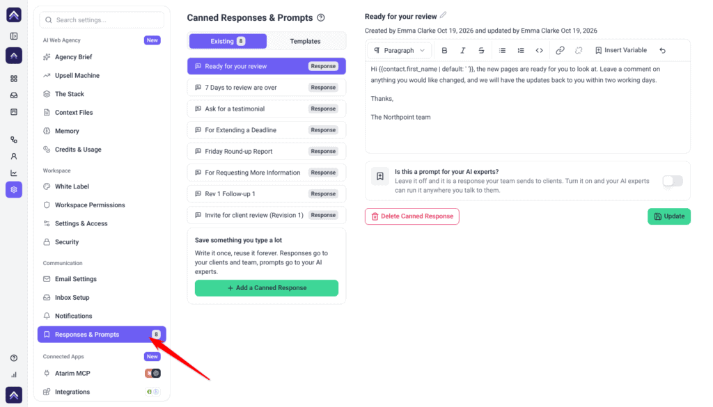 Settings with the red arrow pointing at Responses & Prompts under Communication, and the Canned Responses & Prompts screen showing the Existing list with Response badges on the left and the selected response in the editor on the right.