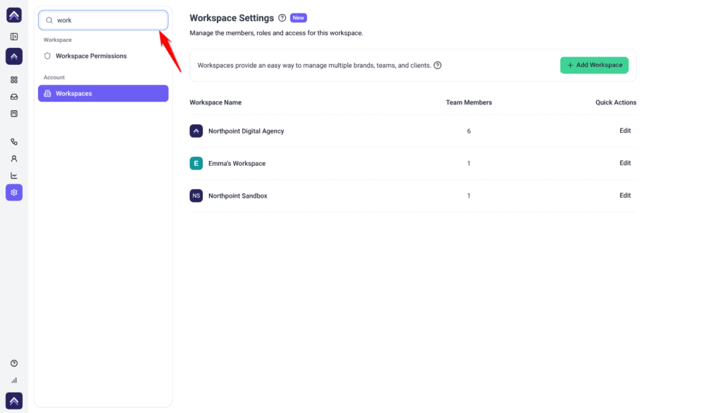 Search settings box with work typed in, filtering the navigation down to Workspace Permissions and Workspaces, with the red arrow pointing at the search box.