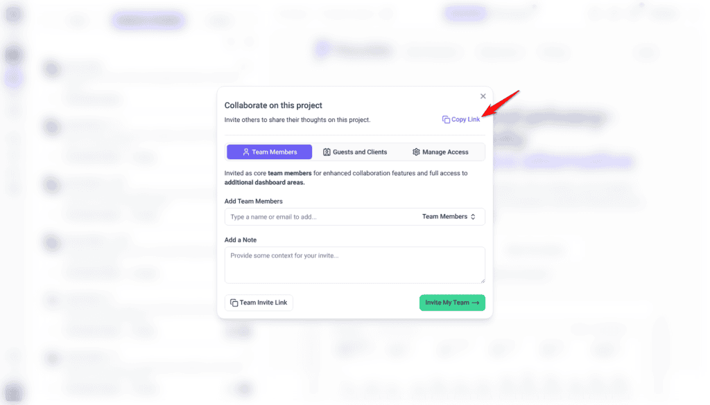Collaborate on this project window with Copy Link at the top right