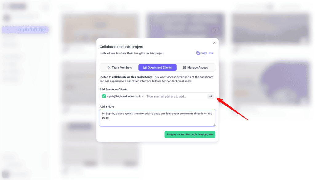 Guests and Clients tab with a client email address added and a note ready to send